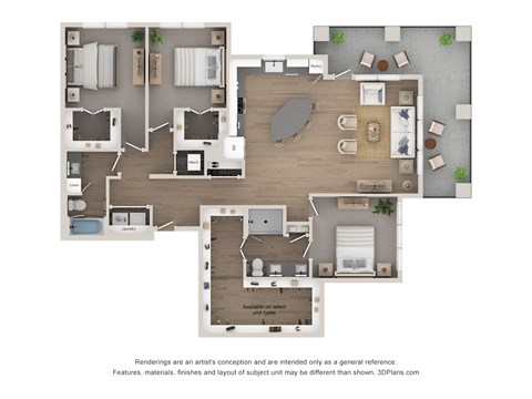 A 3D floor plan of a house with labeled rooms.